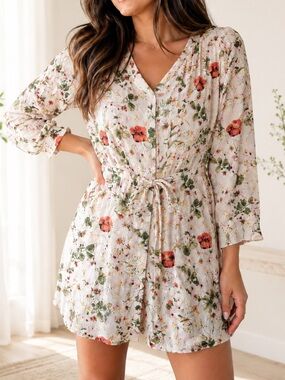 Hilary Radley Cream Floral Blouse with Green and Pink Accents